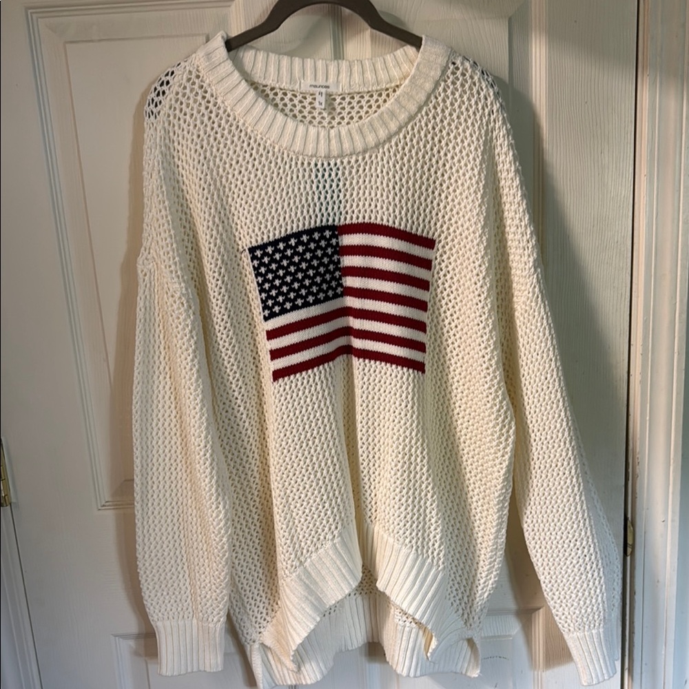 Maurices Cream and Red Crew Neck Sweater with American Flag Design